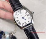 Replica Cartier Tortue Ladies Watch Stainless Steel White Dial Black Leather Strap